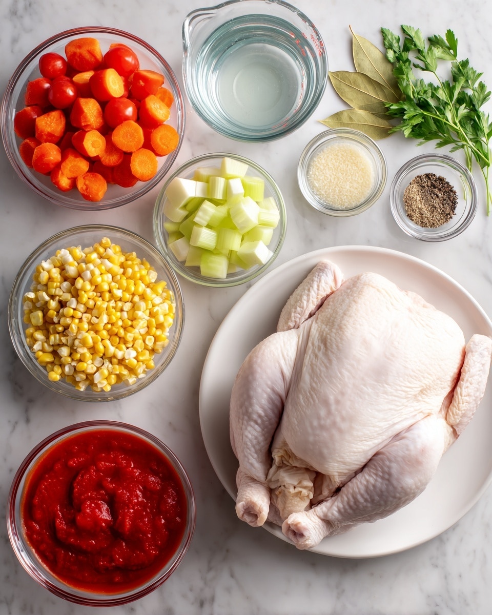 A white plate holds a whole raw chicken on the right side of the image, showing pale skin and plump shape. Surrounding the chicken, there are several clear glass bowls arranged neatly on a white marbled surface: one bowl with vibrant orange carrot pieces, another with chopped white onions, a bowl with bright yellow corn kernels, another with green celery sticks, one with peeled whole tomatoes in bright red color, and one filled with cubed pale potatoes. A larger bowl contains red tomato sauce with a smooth texture. Small clear bowls hold salt, black pepper, and a light yellow seasoning, along with two fresh green bay leaves and some green parsley sprigs adding a splash of color. A clear glass measuring cup filled with water is also visible. Photo taken with an iphone --ar 4:5 --v 7