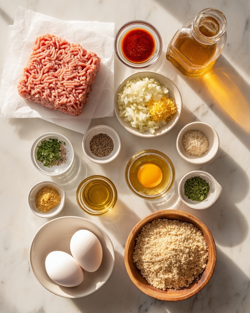 A top-down view shows an organized layout of ingredients on a white marbled surface. Near the bottom left, a rectangular block of pale pink ground meat rests on crinkled white parchment paper. To the right of it, two white eggs sit in a small beige bowl. Above the eggs, a round wooden bowl holds light brown breadcrumbs. Around these main items, smaller containers hold various seasonings and liquids arranged in rows: at the top left a glass bowl of red ketchup, a wooden bowl of brown sugar, a clear bottle of light amber vinegar next to a small tan bowl of light yellow mustard, bowls with chopped white onions, olive oil, chopped fresh green herbs, minced garlic, ground black pepper, salt, and reddish-orange spices fill the rest of the space evenly. All bowls and containers are white or wooden, placed neatly with distinct color contrasts among ingredients. Photo taken with an iphone --ar 4:5 --v 7