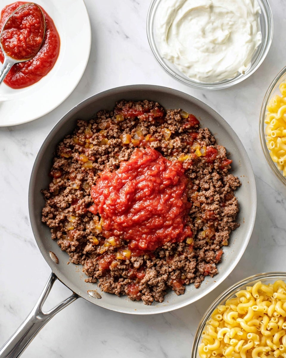 In a silver pan placed on a white marbled surface, there is a layer of cooked ground beef spread evenly, dark brown and crumbly with some cooking oil around it. In the center of the beef, a bright red layer of tomato paste and sauce sits thick and slightly textured. Around the pan on the white marbled surface, there are three white bowls visible: one with smooth sour cream, one with yellow cooked macaroni pasta, and one with a bit of red tomato paste and a spoon with red sauce on it. Photo taken with an iphone --ar 4:5 --v 7