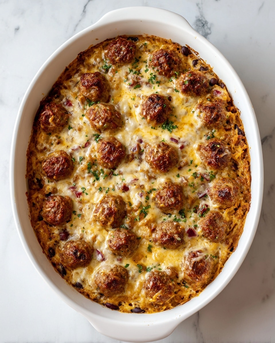 The dish is a baked casserole in a white round dish placed on a white marbled surface. It has three visible layers: the bottom layer is a mix of cooked ground meat and small pieces of red and yellow vegetables, creating a chunky texture with brown, red, and yellow colors. The middle layer is thick and evenly spread melted cheese, with a mix of light yellow and golden hues. The top layer consists of small, browned sausage pieces arranged evenly and covered by melted cheese that has a slightly bubbly, glossy texture, with different shades of white and light yellow. photo taken with an iphone --ar 4:5 --v 7