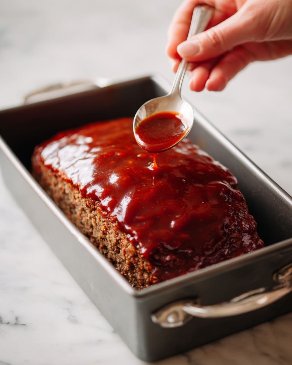 A rectangular metal baking tin filled with one thick layer of a brown meatloaf topped with a shiny, rich reddish-brown glaze that looks smooth and slightly sticky. A silver spoon is held above the meatloaf, dripping some glaze onto the surface, showing a glossy, syrupy texture. The meatloaf has a somewhat rough, dense surface texture with visible small bits inside it. The background is a white marbled texture. Photo taken with an iphone --ar 4:5 --v 7