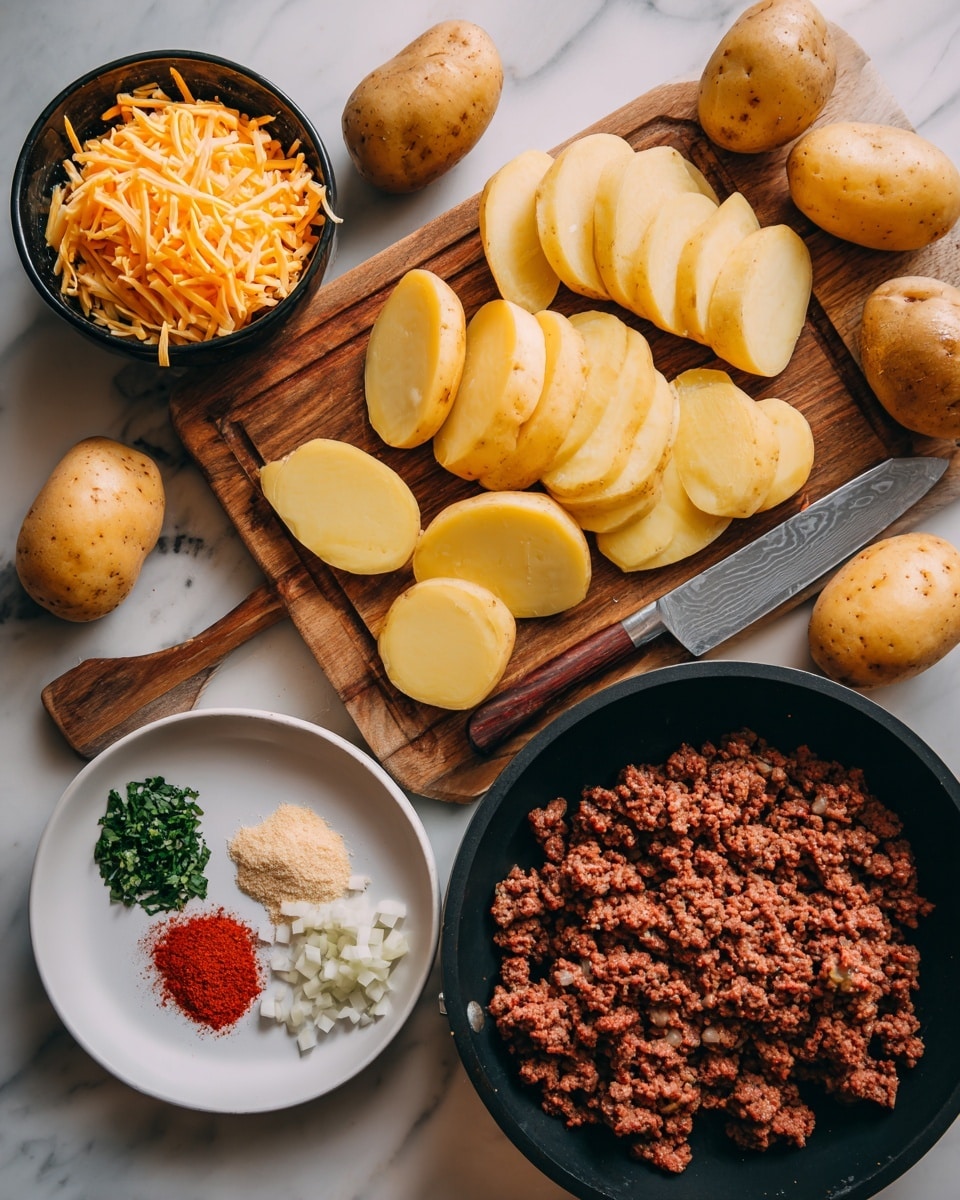 The image shows a white marbled surface with several yellow potatoes, some whole and some sliced into thin round pieces arranged on a wooden cutting board. A large knife with a wooden handle lies diagonally on the board near the sliced potatoes. To the left, there is a black bowl filled with shredded orange cheese. Below the board, there is a white plate containing three small piles of spices and herbs: a red powder, a green chopped herb, and a beige powder. To the right, there is a black skillet filled with cooked ground meat mixed with small pieces of onion. Photo taken with an iphone --ar 4:5 --v 7
