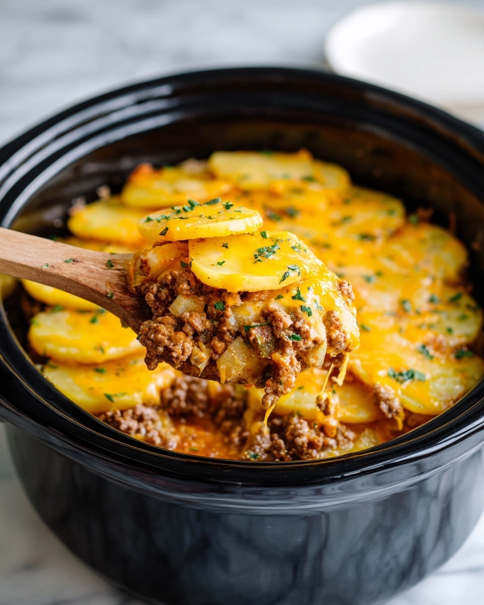 A close-up view of a layered dish inside a black slow cooker, showing several layers of round, light yellow potato slices at the bottom, topped with browned ground meat mixed with soft, diced onions scattered throughout. The top layer is golden melted cheese with small green herb sprinkles. A wooden spoon held by a woman's hand scoops up a portion, revealing the creamy and textured layers in the dish. The background surface is a white marbled texture. photo taken with an iphone --ar 4:5 --v 7
