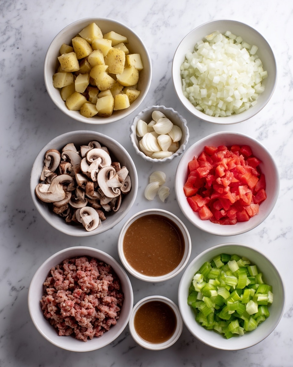 The image shows seven white bowls arranged on a white marbled surface. The top left bowl contains small chopped zucchini pieces with green skin and pale inside. To the right of it, another bowl holds finely chopped white onions. Below the zucchini bowl, a white bowl is filled with small diced red tomatoes. Next to the tomato bowl, to the right, a larger bowl has sliced brown mushrooms with white inside. At the bottom left, small white bowl holds peeled garlic cloves. To the right, a white bowl contains light brown creamy sauce. Next to it, a white bowl is filled with small chopped green bell peppers. Finally, a large white bowl at the bottom right is full of ground meat colored pinkish. Photo taken with an iphone --ar 4:5 --v 7