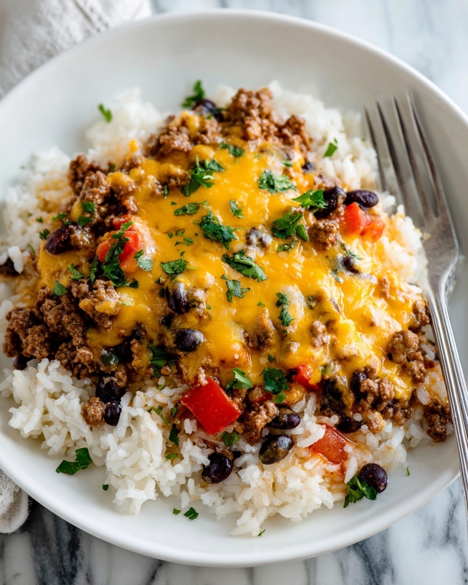 The dish on a white plate shows one main mixed layer of cooked ground meat, black beans, white rice, and red tomato pieces, all coated with melted bright orange cheese. Small green herb leaves are scattered on top, adding a fresh color contrast to the warm tones. The texture looks soft and warm, with the cheese slightly melted and flowing over the other ingredients. A fork is placed on the edge of the plate and the background is a white marbled surface photo taken with an iphone --ar 4:5 --v 7