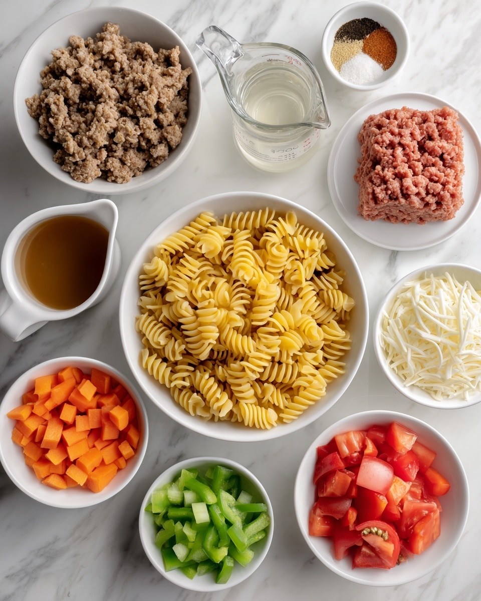 A top-down view of various ingredients arranged in white bowls and on a white marbled surface. In the center is a bowl full of uncooked spiral pasta with a golden yellow color. Surrounding it are bowls with chopped white onions, shredded yellow and white cheese, diced green bell peppers, diced red tomatoes with some juice, and diced orange bell peppers. A small bowl holds a pile of brown spice powder, and a small white pitcher contains a light liquid. On the right side is a white plate with a square block of raw ground meat. A glass measuring cup filled with a reddish-brown liquid is placed near the top. The overall look is clean and organized with bright, fresh colors. Photo taken with an iphone --ar 4:5 --v 7
