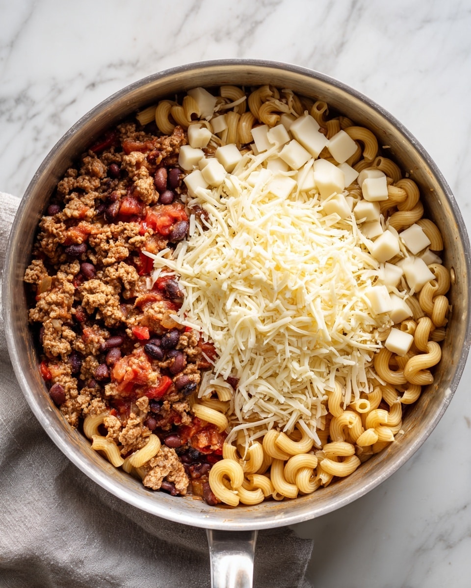 A large metal pan on a white marbled surface holds a pasta dish with three visible layers. The bottom layer includes curly pasta mixed with brown ground meat, small black beans, and diced red tomatoes scattered throughout. On top of the pasta and meat layer are several dollops of a white creamy cheese, unevenly spread. The top layer is a thick heap of shredded white cheese covering most of the right side of the dish, with some pieces extending to the left side. The colors are mainly tan, brown, black, red, and white, with a soft texture contrast between the melted meat and fresh cheese. Photo taken with an iphone --ar 4:5 --v 7