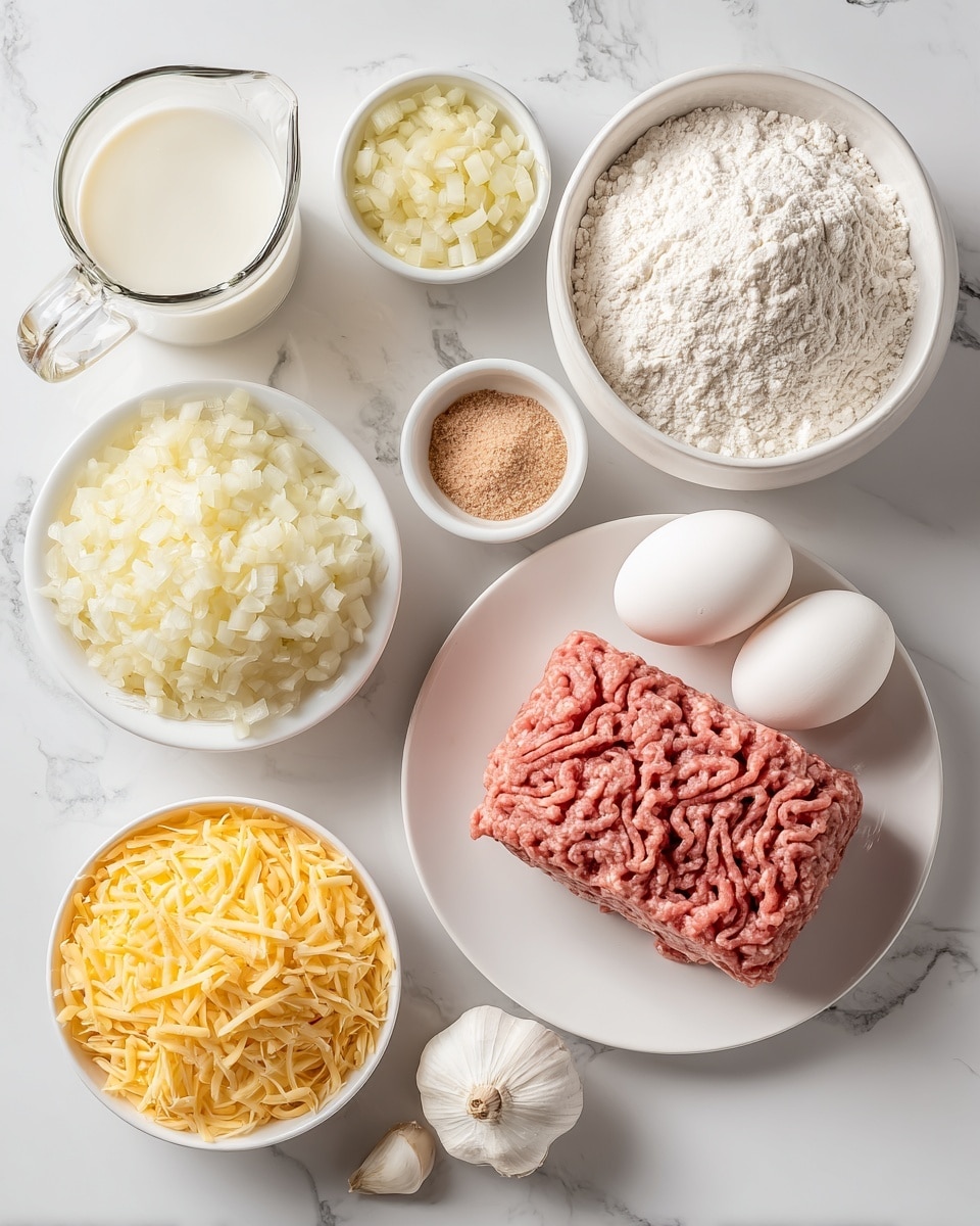 The image shows a white marbled surface with several bowls and ingredients arranged neatly. At the center bottom, there is a white plate holding a single, cylindrical mound of raw ground meat that is pink in color. Toward the top center, there is a white bowl filled with a large amount of shredded orange and yellow cheese. To the left of the cheese bowl, there is a bowl with chopped white onions. To the right of the cheese bowl is a small white bowl holding finely chopped white garlic. Below the onion bowl, there is a clear glass measuring cup filled with white milk. To the bottom left, there is a small white bowl containing yellowish breadcrumbs. Finally, at the bottom left edge, there are two whole white eggs placed directly on the surface. Photo taken with an iphone --ar 4:5 --v 7