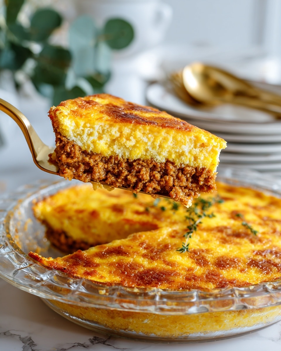 The dish shows a thick, round slice of casserole being lifted from a white bowl, revealing two main layers. The bottom layer is a crumbly, cooked ground meat with a coarse texture and light brown color. The top layer is thick and golden-orange with a bubbly, slightly browned cheese crust that looks melted and dense, covering the meat fully. The white bowl holding the casserole sits on a white marbled surface, and in the background, there is a stack of white plates with gold forks on top, slightly out of focus. photo taken with an iphone --ar 4:5 --v 7