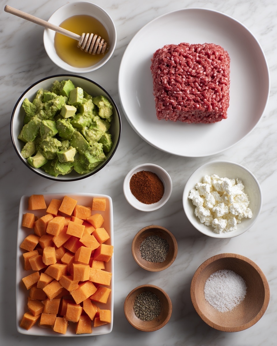 The image shows a top view of various ingredients arranged neatly on a white marbled surface. In the center, there is a white plate holding a large square block of raw ground meat that is red and slightly marbled with fat. To the left, a rectangular white dish with black edges contains bright orange cubes of sweet potatoes. Above this, a white bowl with a black rim is filled with light green chopped avocado pieces. Next to it, a small white bowl holds golden honey with a wooden honey dipper resting in it. On the right side, near the center, there are small round wooden bowls with coarse black pepper, salt, and a light tan powder, along with a small decorative bowl of olive oil. Further to the right, a white bowl with a black rim holds white cottage cheese. Above these, a small white bowl contains a reddish-brown spice mix, and another small white bowl contains a white powder, possibly flour or baking powder. All bowls and plates are placed perfectly spaced, with soft natural light illuminating the textures and colors of the ingredients, photo taken with an iphone --ar 4:5 --v 7