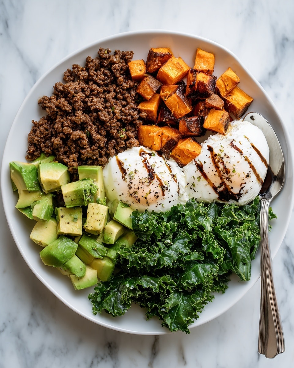 A white plate on a white marbled surface holds five main layers arranged side by side without overlapping. The first layer shows soft white cottage cheese topped lightly with a drizzle of brown sauce and a sprinkle of black pepper. Next to it is a bright green layer of fresh diced avocado chunks with a smooth texture. The middle layer features cooked ground meat with a crumbly texture and brown color. To its right are bite-sized roasted sweet potato cubes, bright orange with a slightly crispy, browned outside. The last layer contains fresh, curly kale leaves in a deep green shade with a slightly shiny surface. A metal spoon rests on the edge of the plate. Photo taken with an iphone --ar 4:5 --v 7