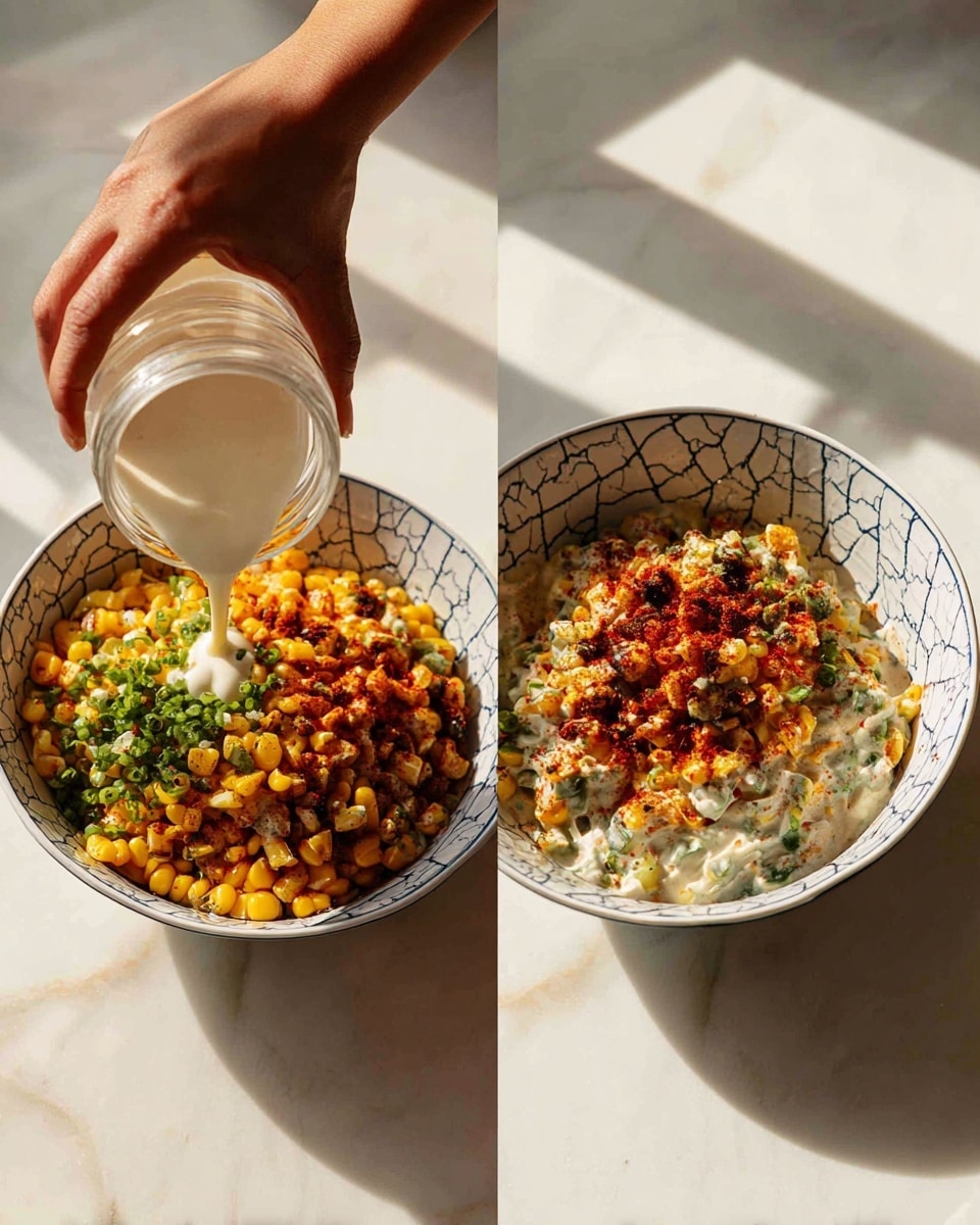 Two images show the process of making a creamy corn salad in a blue patterned bowl. In the first image, bright yellow grilled corn kernels fill the bottom of the bowl, topped with chopped green herbs and diced green peppers. A white creamy sauce is being poured in from a clear jar, and a gold spoon stands in the bowl. In the second image, all ingredients are mixed, creating a thick, creamy mixture with the corn and green bits evenly coated. A reddish powder is sprinkled on top as a seasoning. The bowl sits on a white marbled surface with soft natural light coming from the side. Photo taken with an iphone --ar 4:5 --v 7