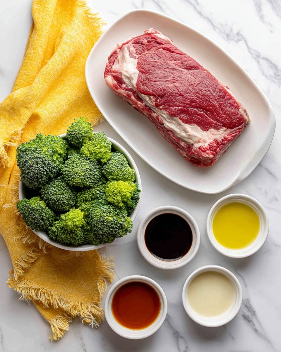 The image shows a white plate with a large raw red meat piece with some white fat on the edges in the top left corner, and a large white bowl filled with fresh green broccoli florets on the right side. Surrounding these are small white and blue bowls holding dark brown, amber, red, and light gray sauces. There is a yellow cloth with fringes placed near the broccoli bowl on a white marbled surface. photo taken with an iphone --ar 4:5 --v 7