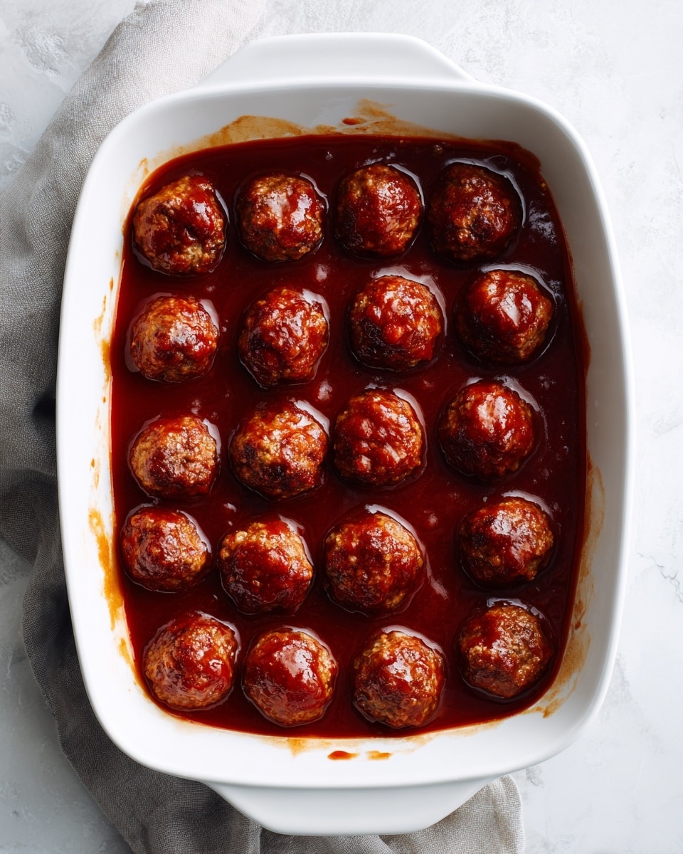 The image shows a white rectangular baking dish filled with about 30 round meatballs, all coated evenly in a shiny, thick reddish-brown sauce. The meatballs are tightly packed in the dish, with the sauce pooling around and slightly between them, giving a glossy texture. The dish sits on a white marbled surface, highlighting the rich color of the sauce and the slightly textured surface of the meatballs. Photo taken with an iphone --ar 4:5 --v 7