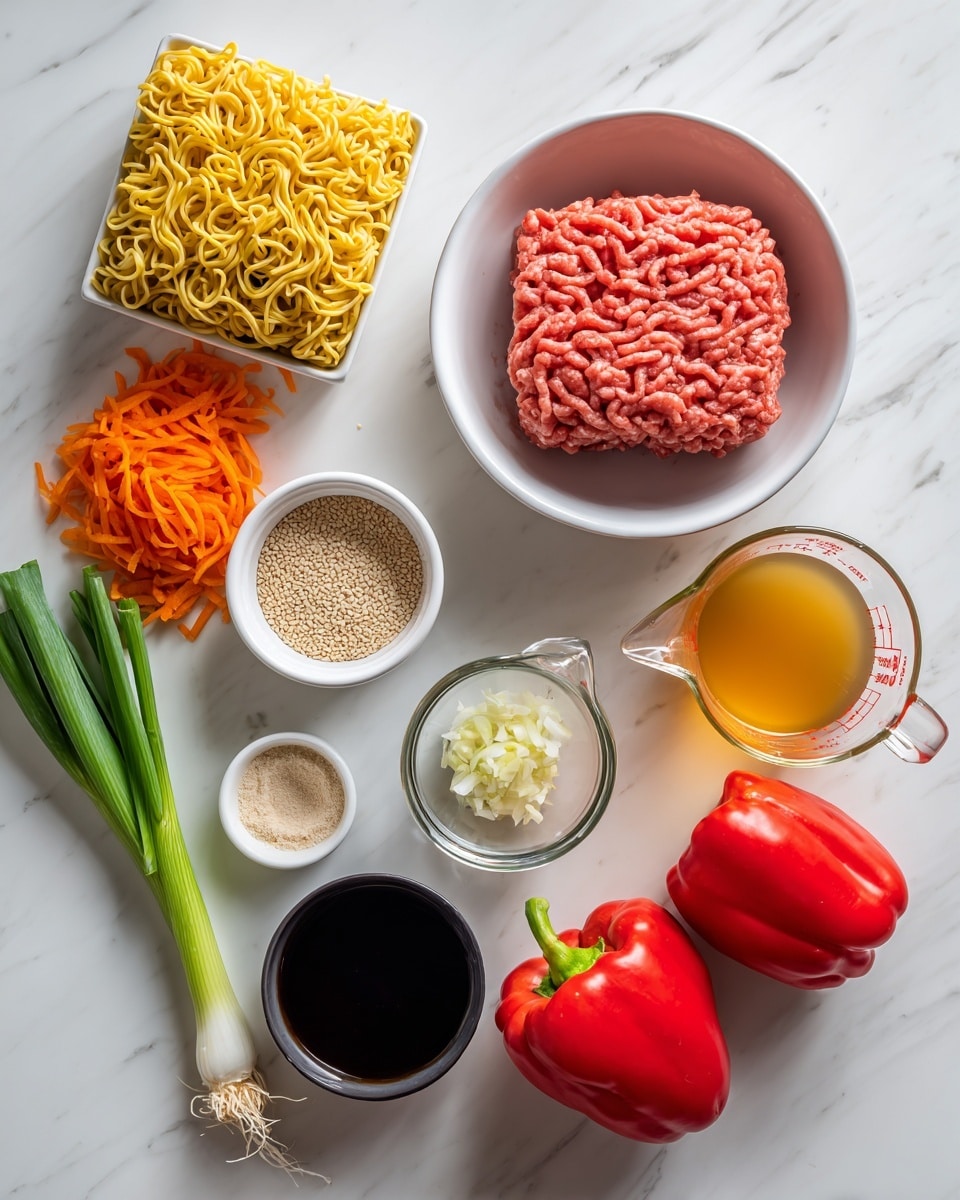 The image shows ingredients neatly arranged on a white marbled surface, including a block of uncooked curly yellow noodles on the left side, a mound of shredded orange carrots in front, and three fresh whole spring onions with white bulbs and green stalks lying diagonally across the lower left to center. In the middle, a white bowl holds a block of raw pink ground meat. Next to it is a small white bowl filled with finely minced yellow garlic and another small white ramekin containing a light beige powder. A small glass jar with light brown sesame seeds is placed near the bottom right. On the right side, two shiny red bell peppers sit beside a glass measuring cup filled with a light golden-yellow liquid, and a small black dish with dark soy sauce completes the scene. Photo taken with an iphone --ar 4:5 --v 7