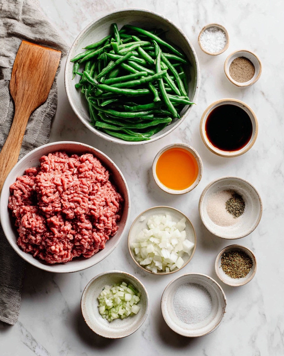 A white bowl filled with raw ground meat sits on the right side while a larger white bowl full of green frozen beans is placed on the left. Below them are several smaller white bowls and dishes arranged neatly on a white marbled surface, containing minced garlic, chopped white onions, a dark soy sauce, orange liquid (possibly juice or broth), white granulated sugar, salt, a dark thicker sauce, and two small piles of powder spices. A wooden spatula rests on a gray cloth near the top left corner. photo taken with an iphone --ar 4:5 --v 7