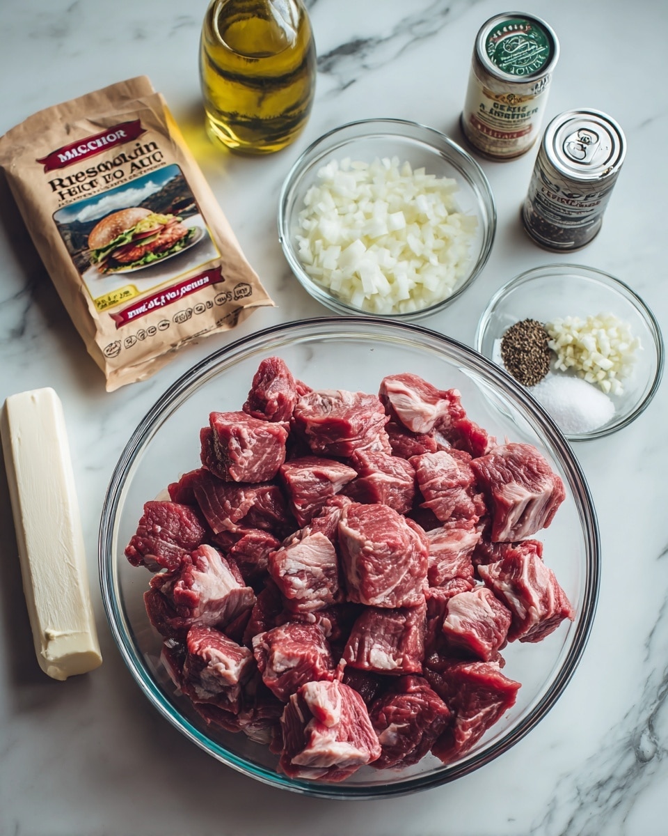 The image shows a clear glass bowl at the bottom center filled with many thick cubes of raw beef, showing a mix of red meat and white marbling. Surrounding the bowl on a white marbled surface are several cooking ingredients: a small white stick of butter wrapped in paper on the left, a small glass bowl of finely chopped white onions above the beef, a small glass bowl with minced garlic to the right, and two tall spice containers labeled Himalayan pink salt and black pepper in the top right corner. There is also a tall glass bottle of olive oil in the top left and a can of beef broth near the center left. In the middle of the image is a brown packet of McCormick Au Jus gravy mix, featuring a photo of a beef sandwich on its front. photo taken with an iphone --ar 4:5 --v 7