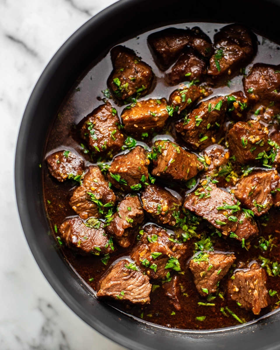 The image shows a black pot filled with many pieces of brown cooked meat in a thick brown sauce. The meat pieces are chunky and look tender, with some slightly crispy edges. Small green chopped herbs are sprinkled on top and scattered across the meat, adding a fresh color contrast. The sauce has a glossy shine and fills the pot partly around the meat chunks. The background is a white marbled surface. photo taken with an iphone --ar 4:5 --v 7