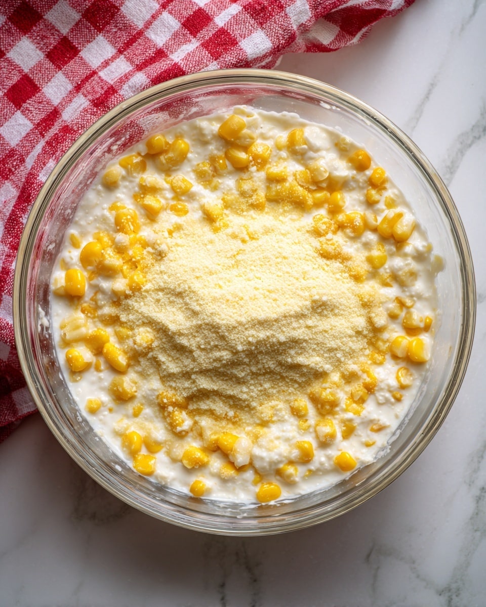 A clear glass bowl sits on a white marbled surface filled with a mix of three layers: the bottom layer is white creamy cottage cheese dotted with bright yellow corn kernels, above that are scattered small pools of golden corn juice, and the top layer is a loose pile of pale yellow cornmeal powder covering the center of the mixture. In the background, a red and white checkered cloth is partly visible. photo taken with an iphone --ar 4:5 --v 7