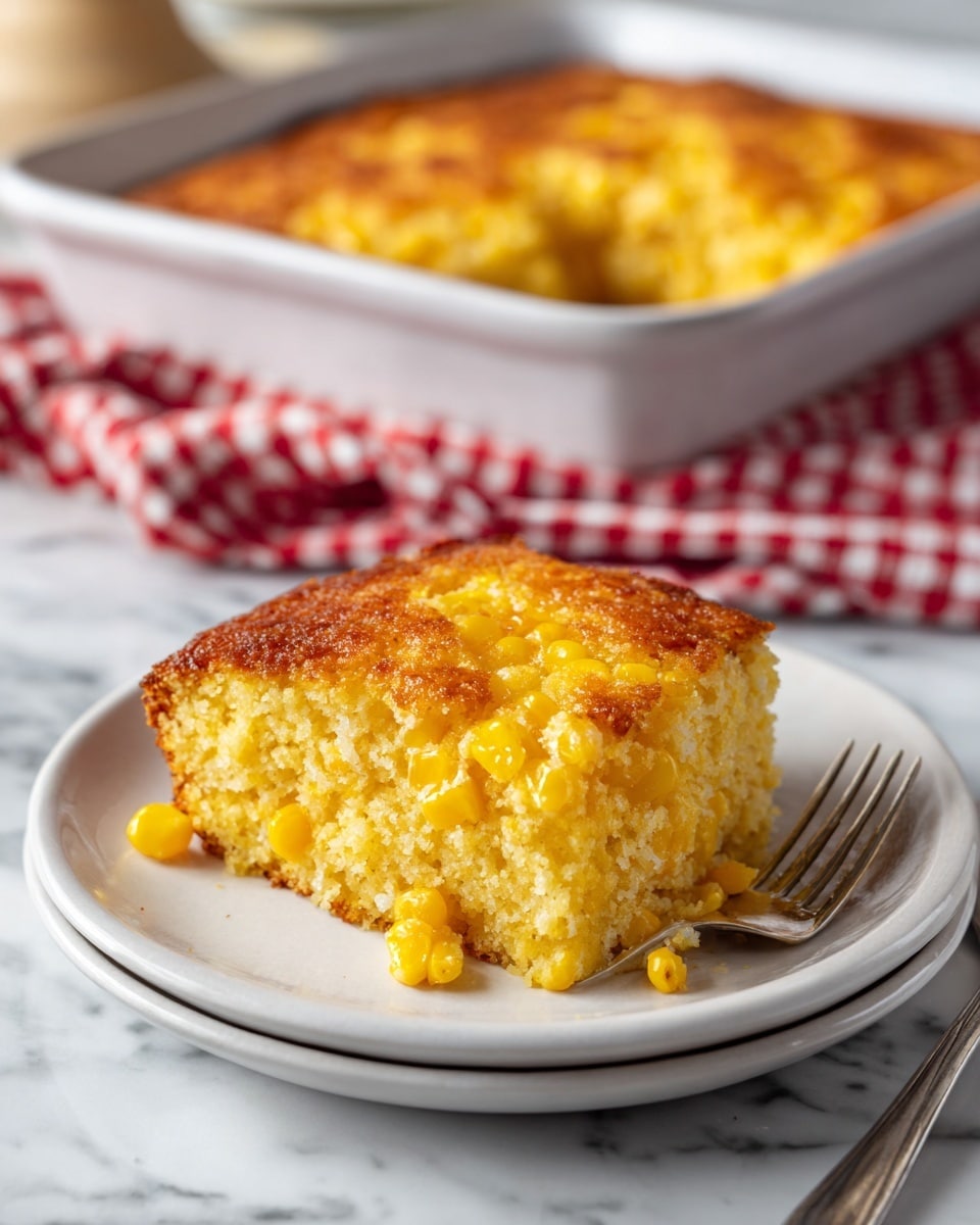 A serving of golden baked corn casserole is placed on a round white plate, showing a mix of yellow corn kernels and soft, crumbly bread-like layers with a melted cheese patch in the center. The casserole piece has a crisp, brownish crust on top with a moist, bright yellow interior filled with corn. The plate rests on a white marbled surface, with a baking pan of more casserole in the background along with some folded paper bags and two forks nearby. A red and white checkered cloth is partially visible on the left side of the frame. photo taken with an iphone --ar 4:5 --v 7