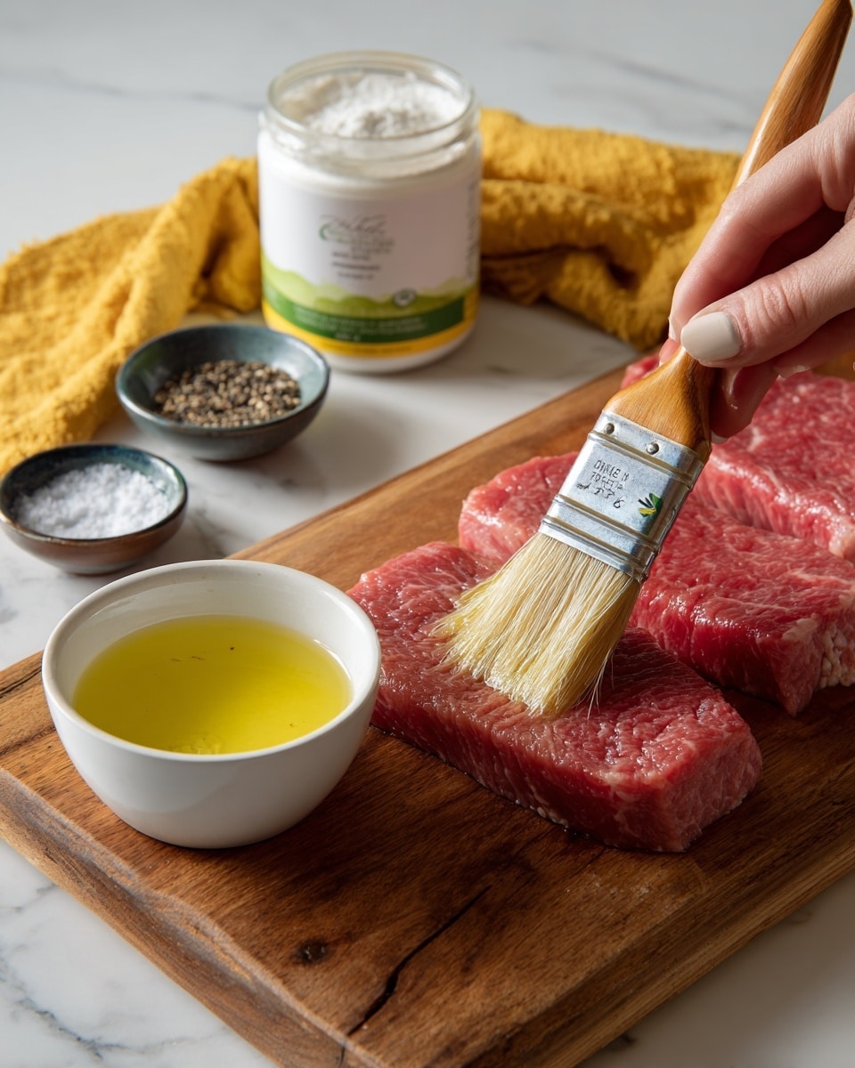 The image shows a close-up of a wooden board with three raw red meat pieces placed on it. A woman's hand is holding a brush with a wooden handle, brushing a light yellow layer of cooking oil onto the middle piece of meat. On the left side of the board, there is a white small bowl filled with the same light yellow oil. Behind the board, a large jar of white tallow with green and black writing on its label stands upright. In the background, a small dark gray bowl with black pepper and a small white bowl with salt are placed on the white marbled surface, along with a yellow towel and a translucent amber glass. The photo taken with an iphone --ar 4:5 --v 7