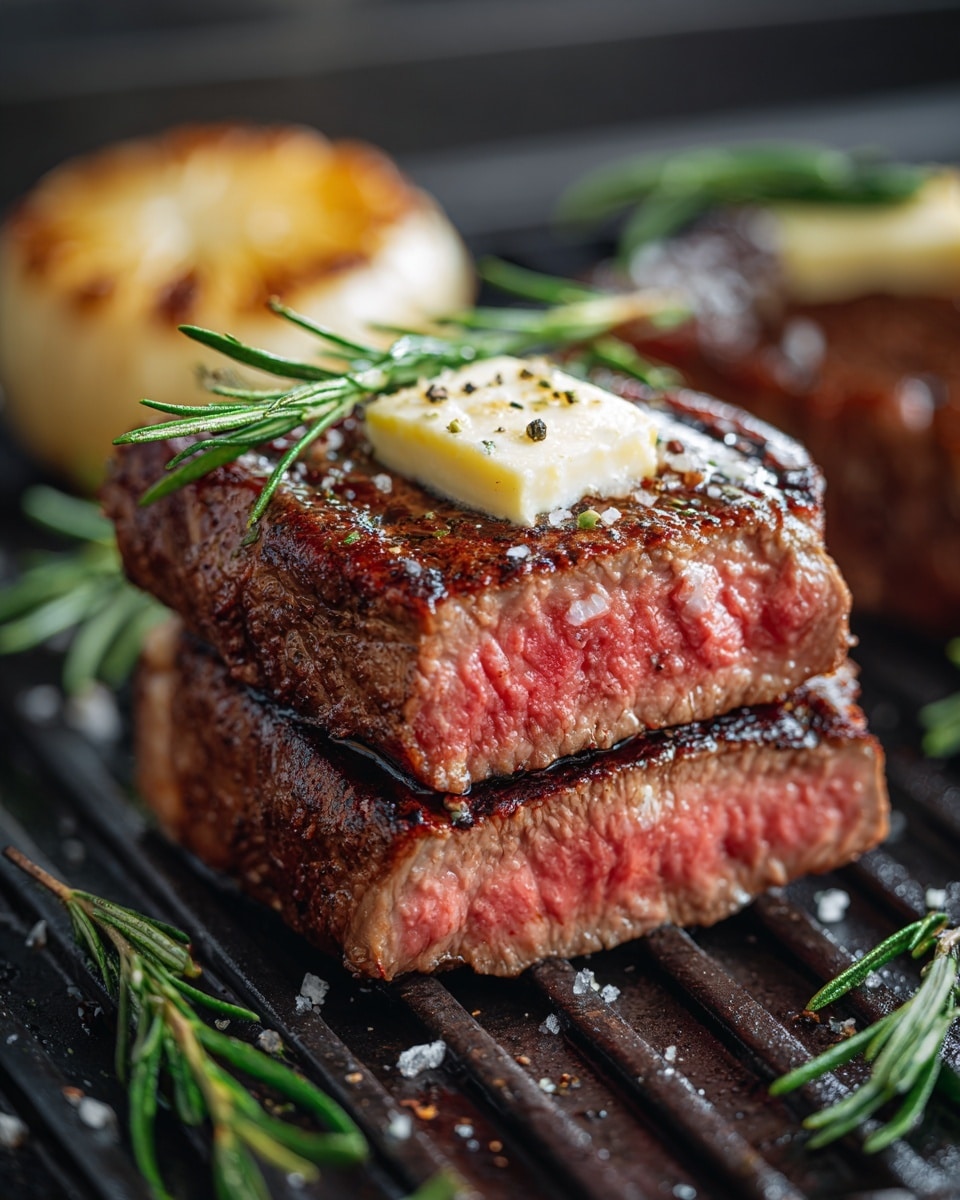 A thick steak with three layers is shown on a black grill. The bottom layer is a dark brown seared crust with a rough texture, the middle layer shows a pink juicy interior with a wet and tender look, and the top layer features a light melting butter pat sprinkled with black pepper and coarse salt. Sprigs of fresh green rosemary lay across the steak, adding contrast. In the background, a golden-brown roasted garlic bulb is partly visible on the grill, resting on a clean white marbled surface. Photo taken with an iphone --ar 4:5 --v 7