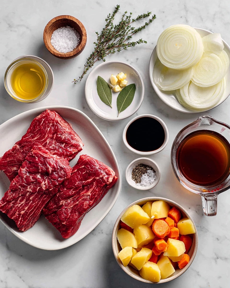 The image shows ingredients neatly arranged on a white marbled surface. A large white plate holds two raw red beef cuts with visible marbling and texture on the left side. Above the plate, a bowl contains large white onion wedges. To the right of the onions, a small bowl holds chopped garlic, and above it is a small bowl with dark soy sauce. Near the top center, a small white dish has two green bay leaves and a sprig of thyme. At the top left, a small wooden bowl is filled with white salt, while a tiny bowl with black pepper sits just below it. On the bottom right, a brown bowl contains halved small yellow potatoes and orange carrot pieces. Next to it, there is a clear glass measuring cup with brown broth and a small white bowl with yellow olive oil. A clear glass bottle with dark red liquid is partially visible on the right edge. All items are kept clean and well organized. Photo taken with an iphone --ar 4:5 --v 7