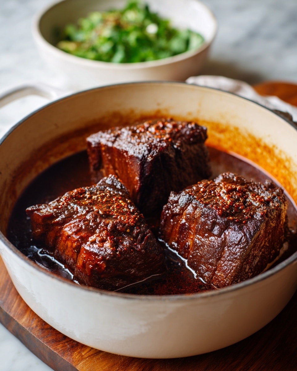 The image shows a white pot filled with three large pieces of dark brown cooked meat, soaking in a rich, dark sauce that looks thick and glossy. The meat pieces have a textured surface with some visible seasoning and spices on top. The pot is placed on a wooden surface next to a white bowl containing a side dish. The background is a white marbled texture. Photo taken with an iphone --ar 4:5 --v 7
