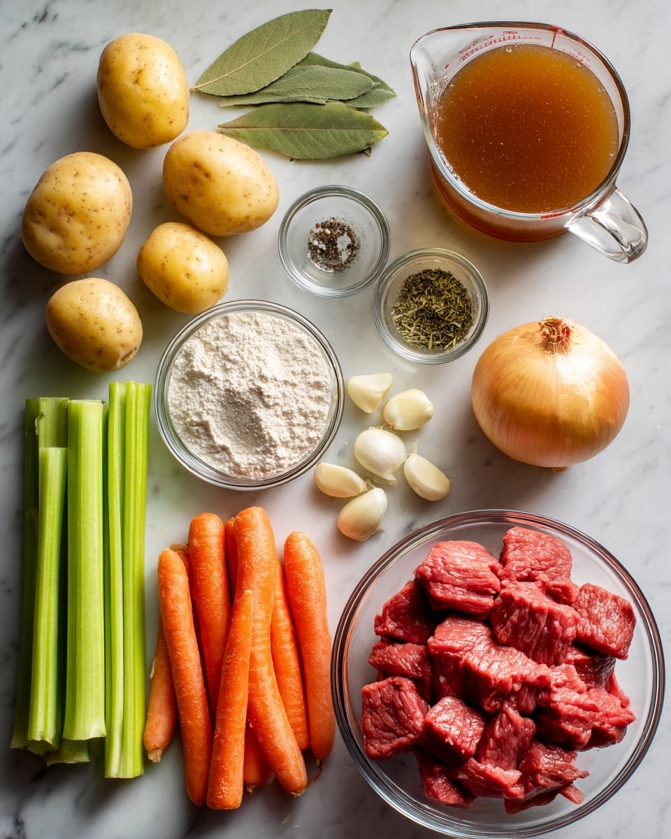 A white marbled flat surface holds neatly arranged ingredients for a stew, including six medium yellow potatoes on the bottom left, three stalks of green celery with leafy tops just above them, and six bright orange carrots grouped in the center. Just to the right of the celery, a whole round yellow onion and three peeled garlic cloves sit above the carrots. A large clear glass bowl filled with raw red beef chunks is placed on the bottom right. Above the beef, a clear glass measuring cup contains a large amount of brown broth. To the left of the broth is a small clear bowl with white flour, and next to it a small clear bowl with a deep red tomato paste. On the top left, two fresh bay leaves rest next to a small glass bowl with dried herbs. Below, a tiny clear bowl holds salt and black pepper, and to the left of that, a small glass container with olive oil completes the layout. The lighting is bright and soft. Photo taken with an iphone --ar 4:5 --v 7