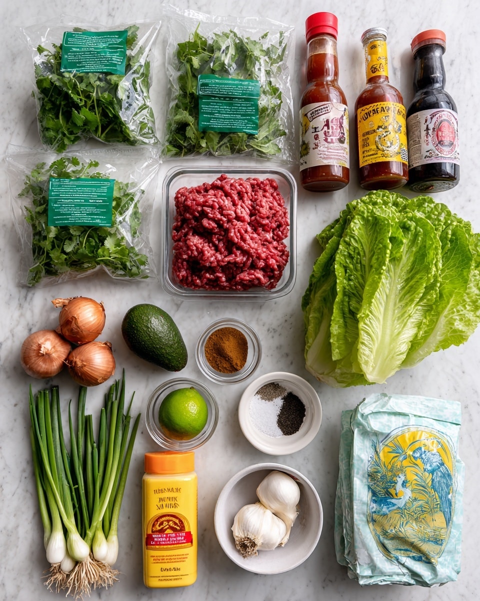 The image shows various cooking ingredients spread out on a white marbled surface. On the left are clear plastic bags of fresh coriander and Thai basil with green labels. Next to these herbs are a dark green avocado, a bright green lime, and three small brown shallots. Above them is a clear plastic tray with minced beef, showing red meat with white fat streaks. To the right, there is a bottle of red sweet chili dipping sauce and a bottle of dark soy sauce. Near them is a glass jar of Chinese five-spice powder with an orange label. A small bunch of fresh green romaine lettuce lies above a package of shrimp spring roll wrapping paper with a blue and yellow design. There is one white peeled garlic bulb, a white bowl with salt, a bowl with ground black pepper, one green onion, and a stalk of lemongrass all arranged neatly. In front is a yellow tube of ginger paste and a pink tube of garlic paste. Everything is fresh and colorful, placed on a clean white marbled surface. Photo taken with an iphone --ar 4:5 --v 7