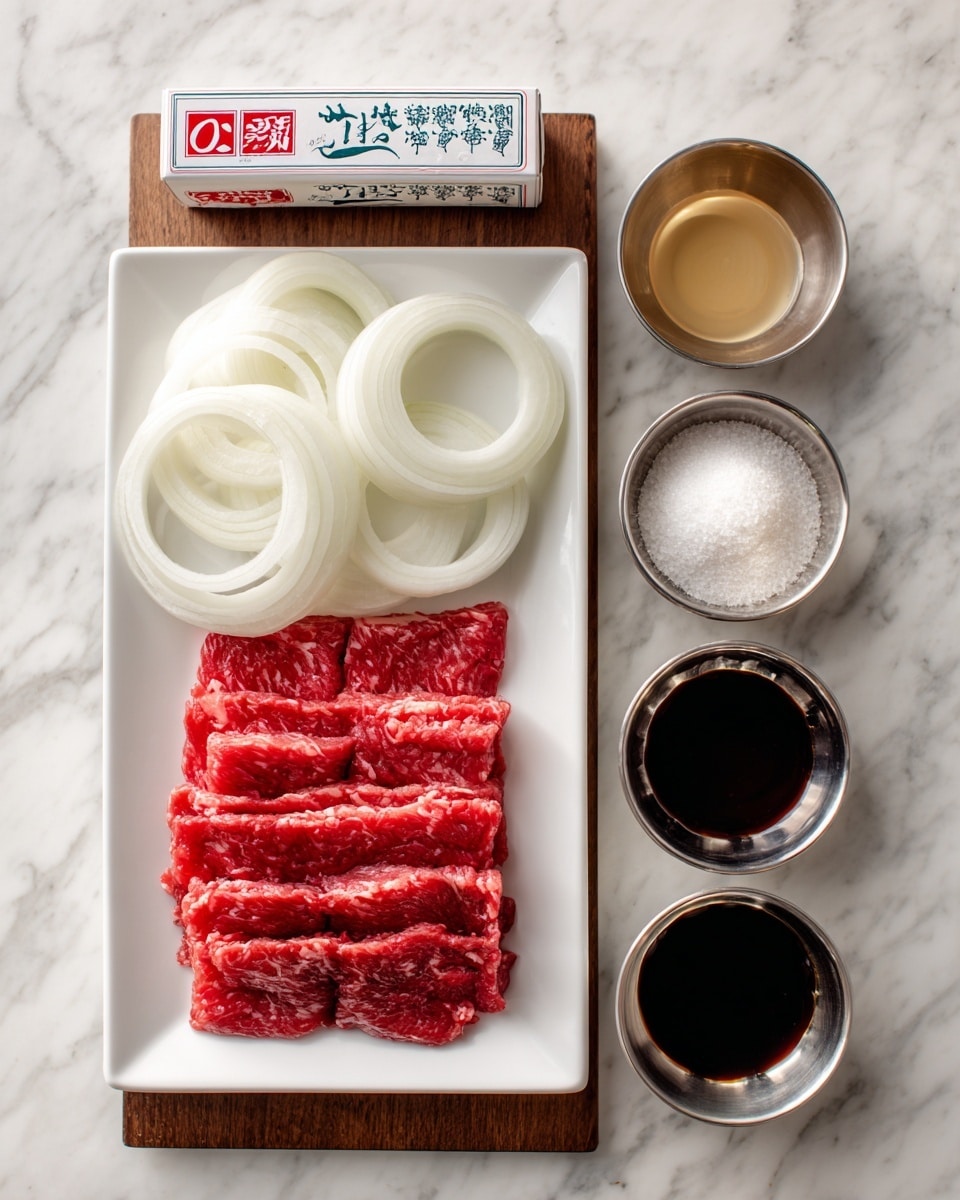 A white square plate filled with thin slices of raw red beef is placed on the right side of a wooden board. Next to the plate on the left are neatly stacked rings of white onion. Above the onions, there is a rectangular box with red and blue Japanese writing. Four small metal cups containing different liquids and powders are arranged above and below the onions: one has a light-colored liquid, another a clear liquid, a third cup contains a white powder, and the last one has a dark soy-like sauce. The whole scene is on a white marbled surface. Photo taken with an iphone --ar 4:5 --v 7
