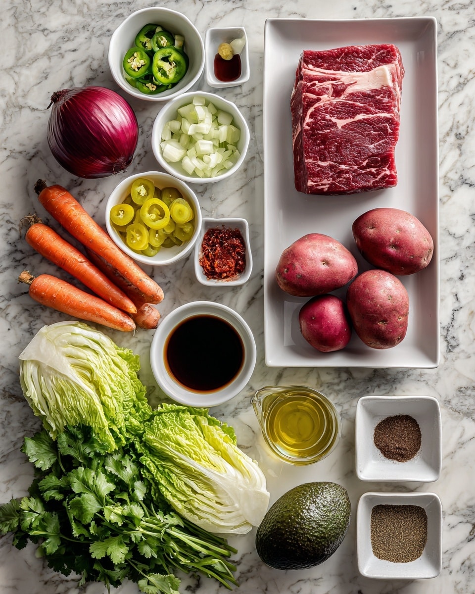 The image shows various fresh ingredients neatly arranged on a white marbled surface. At the top right on a white rectangular plate is a piece of raw red meat with white marbling. Below it is a large whole red onion. Along the right side, there are three round red radishes, an avocado with dark green rough skin, and two medium-sized red potatoes. Near the bottom middle, two whole orange carrots are next to a bunch of bright green cilantro and a few large green leaves of romaine lettuce on the left side. There are three small white bowls arranged mostly on the top left; one with yellow-green sliced jalapeños, one with minced garlic, and one with red sauce. Between the bowls and vegetables, there is a small glass container with olive oil and a few small white bowls holding dark soy sauce, gold honey, clear vinegar, and small piles of dried spices in shades of brown and green laid out on a narrow white tray. The setup is bright, colorful, and fresh. Photo taken with an iphone --ar 4:5 --v 7