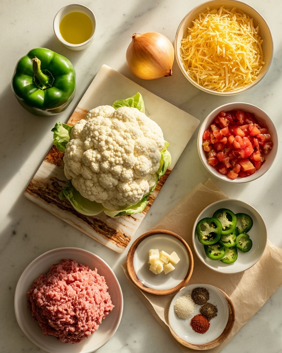 A top view of various cooking ingredients arranged on a white marbled surface: in the center, a whole head of cauliflower in off-white with textured small round florets and some green leaves below it, placed on a rectangular cutting board with brownish-white marbling; above it to the right is a whole green bell pepper with a smooth shiny surface; below the cauliflower to the right is a golden brown whole onion with dry skin; to the right of the onion is a white bowl filled with red diced tomatoes in liquid; next to the bowl, a larger white bowl filled with shredded yellow cheddar cheese; near the top right corner, a small glass container of light yellow cooking oil; directly left of the cauliflower, a small wooden bowl with minced light beige garlic; left of the garlic, a white plate with four piles of spices in separate mounds: coarse white salt, green dried herbs, light brown ground spice, and dark reddish-brown ground spice; further left is a yellowish ceramic bowl filled with green jalapeño slices; near the bottom left corner, a white plate holding raw pinkish-red ground meat on brown parchment paper. The light is natural, casting soft shadows. Photo taken with an iphone --ar 4:5 --v 7
