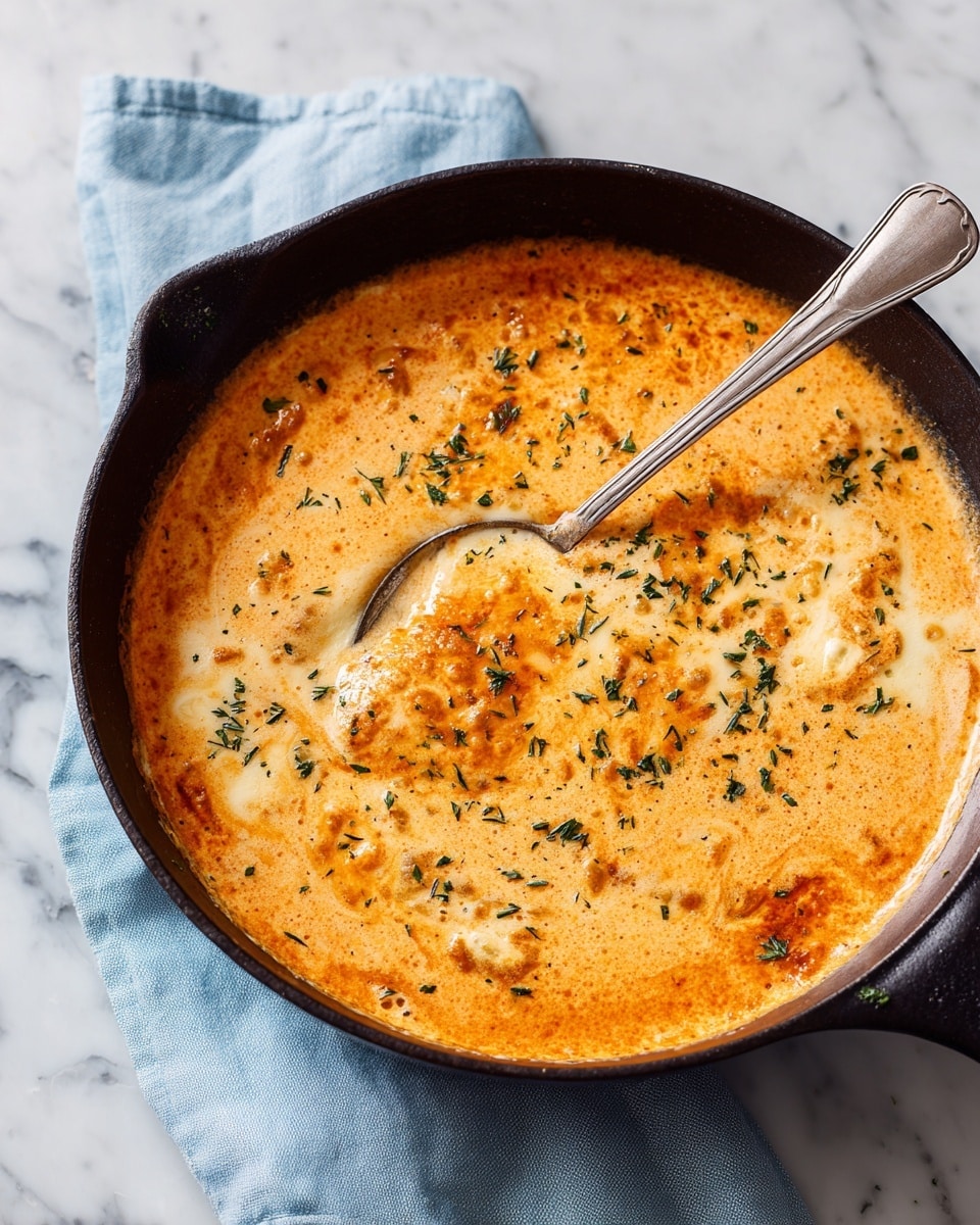 The image shows a black cast iron pan filled with a creamy, orange-colored dish with a slightly bubbly and melted texture on top. The top layer is smooth with small hints of green herbs scattered across the surface, adding a fresh touch. A silver spoon rests in the pan, showing the creamy inside of the dish. The pan is placed on a white marbled surface with a light blue cloth folded beside it. Photo taken with an iphone --ar 4:5 --v 7