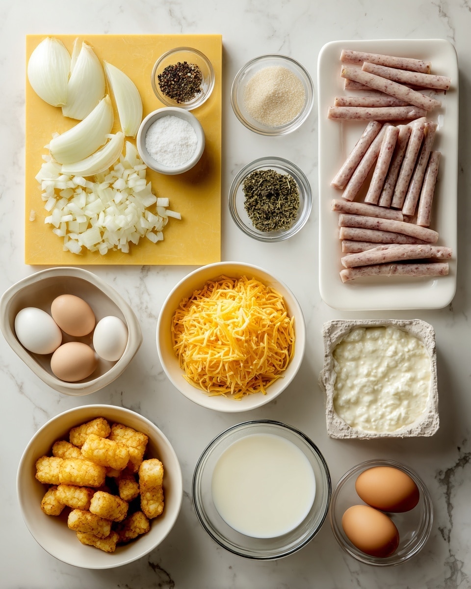 The image shows a white marbled surface with ingredients neatly arranged. On the left, a yellow cutting board holds chopped white onions and several long pinkish strips of cooked meat. Nearby, there’s a small container with black pepper, a white bowl with a pale powder, and another with green dried herbs. To the right, there is a white bowl filled with orange shredded cheese, a white bowl of golden brown small tater tots, and a white egg carton with six brown eggs. Toward the bottom right, there is a clear glass cup with white milk and a clear bowl with a thick white creamy substance. Everything is evenly spaced and well-lit. Photo taken with an iphone --ar 4:5 --v 7