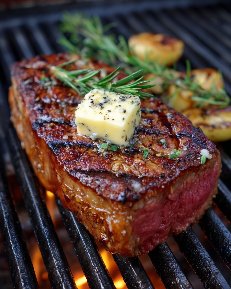 The image shows a cooked steak on a grill with visible grill marks and a slightly crispy, brown outside layer. On top, there is a thick layer of pinkish-red meat inside, showing it is cooked rare. A small white pat of butter with black pepper specks rests on the steak's surface. Around the steak, there are green sprigs of fresh rosemary and a few pieces of golden-brown roasted garlic. The whole scene is set against a white marbled texture background. Photo taken with an iphone --ar 4:5 --v 7