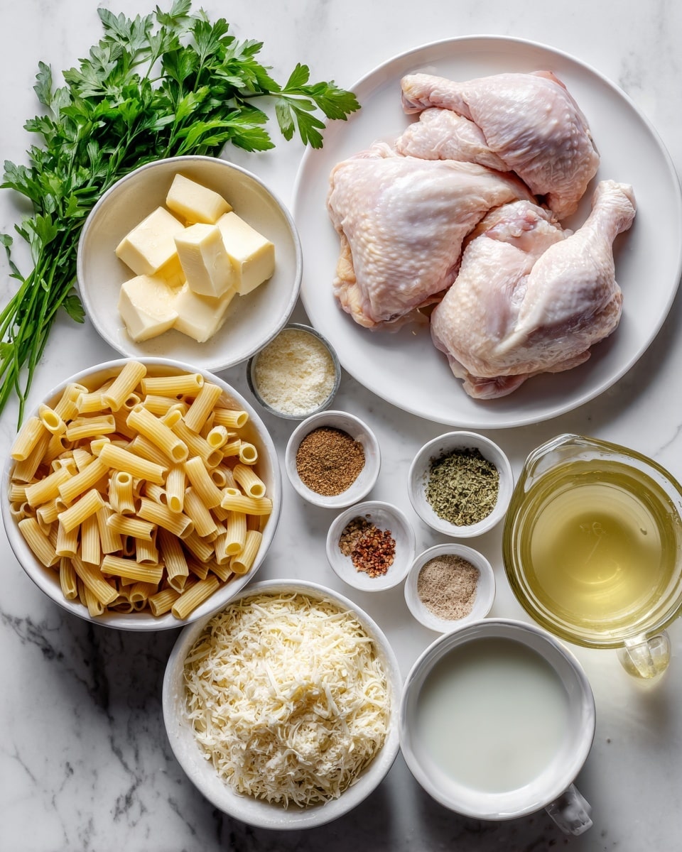 A flat lay of cooking ingredients arranged neatly on a white marbled surface, featuring a white plate with two raw pink chicken parts in the top right. Surrounding this are small white bowls containing pale yellow butter cubes, finely grated pale yellow garlic, and mixed spices in shades of brown, green, and pale pink. There is also a mound of creamy white sour cream, a white bowl filled with dry yellow rigatoni pasta, and a small bunch of fresh green parsley leaves. In addition, there is a glass measuring cup filled with a light yellow broth, a white bowl of finely grated pale yellow cheese, and a white bowl of a thick white liquid. The colors are soft and natural with clear textures emphasizing freshness. Photo taken with an iphone --ar 4:5 --v 7