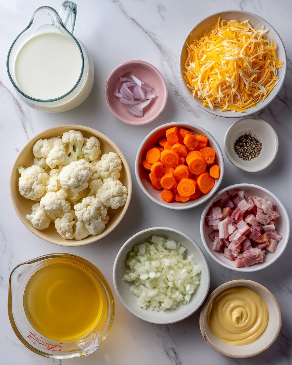 The image shows various ingredients arranged neatly on a white marbled surface. There is a small clear glass jug filled with milk on the left side. Below it, a beige bowl holds cauliflower florets. A small pink bowl next to it contains minced garlic. A white bowl with chopped onions is placed near the center at the bottom. Above it, a white bowl is filled with bright orange carrot slices. To the right of the bowl of carrots, a white bowl contains shredded cheese with a pale yellow color. Next to the cheese, another small white bowl has ground black pepper. On the far right, a white bowl holds diced raw bacon pieces with white fat and pink meat. Below this, a clear glass measuring cup is filled with golden broccoli or chicken broth. Near the top left, a small beige bowl has a swirl of yellow mustard. All the bowls and cups are placed on a clean white marbled surface, and the light is soft and natural, creating a fresh and organized look. Photo taken with an iphone --ar 4:5 --v 7