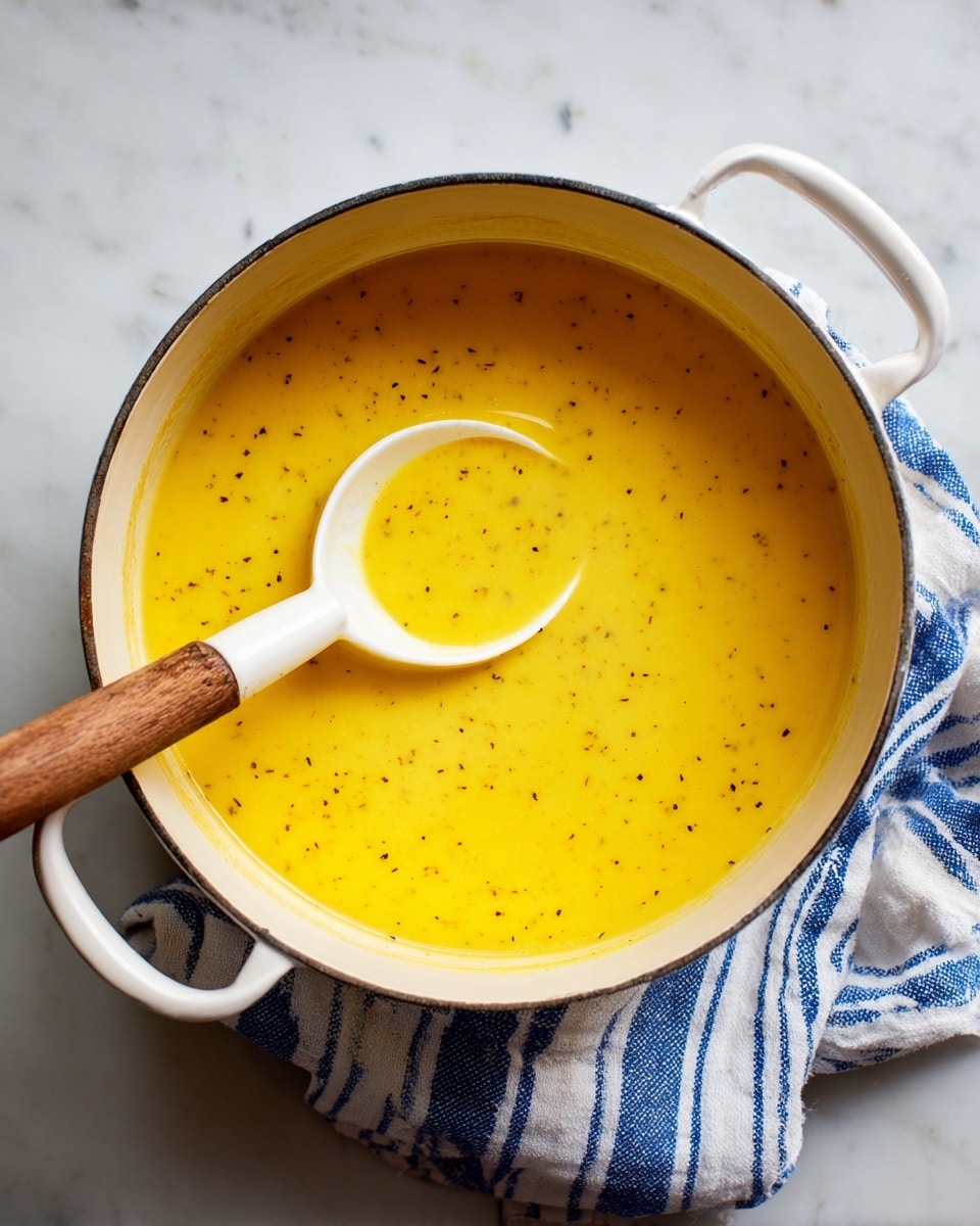 This image shows a close-up of a large white pot filled with thick yellow soup that has small black specks throughout. A white ladle with a wooden handle is partially dipped in the soup, lifting some of it. The pot has large handles on both sides, and a blue and white striped cloth is visible underneath one handle. The pot is placed on a white marbled surface. photo taken with an iphone --ar 4:5 --v 7