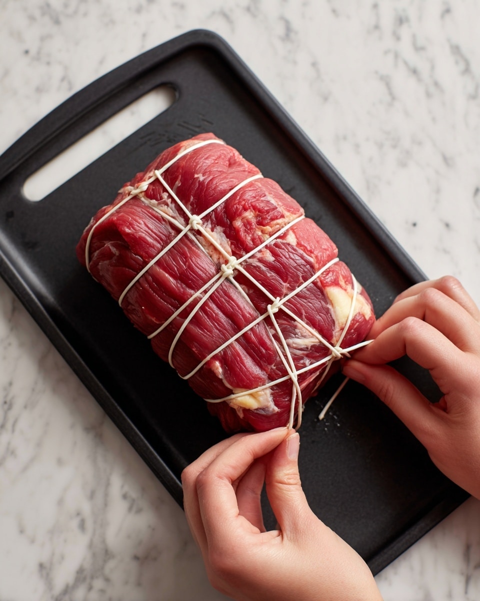 A piece of raw red meat is tightly tied with a thin white string in a crisscross pattern, forming five horizontal loops and one vertical loop around the center, creating a neat bundle shape. The meat has visible layers of muscle and some white fat streaks, showing a rough texture. Two woman's hands are carefully tying the string knot on top of the meat. The meat is placed on a black cutting board with a handle, and the whole scene is set on a white marbled surface. photo taken with an iphone --ar 4:5 --v 7