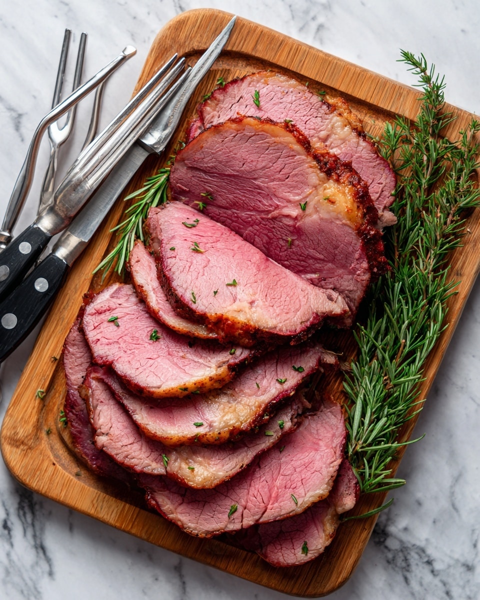 The image shows a wooden cutting board with several slices of cooked roast beef arranged in overlapping layers in the center. The beef slices have a pink middle with a browned, slightly crispy outer edge. On the right side of the meat, there are two green sprigs of rosemary for decoration. On the left side of the cutting board, a metal knife and fork rest with black handles. The cutting board is on a white marbled surface. The whole setup looks fresh and ready to serve. photo taken with an iphone --ar 4:5 --v 7