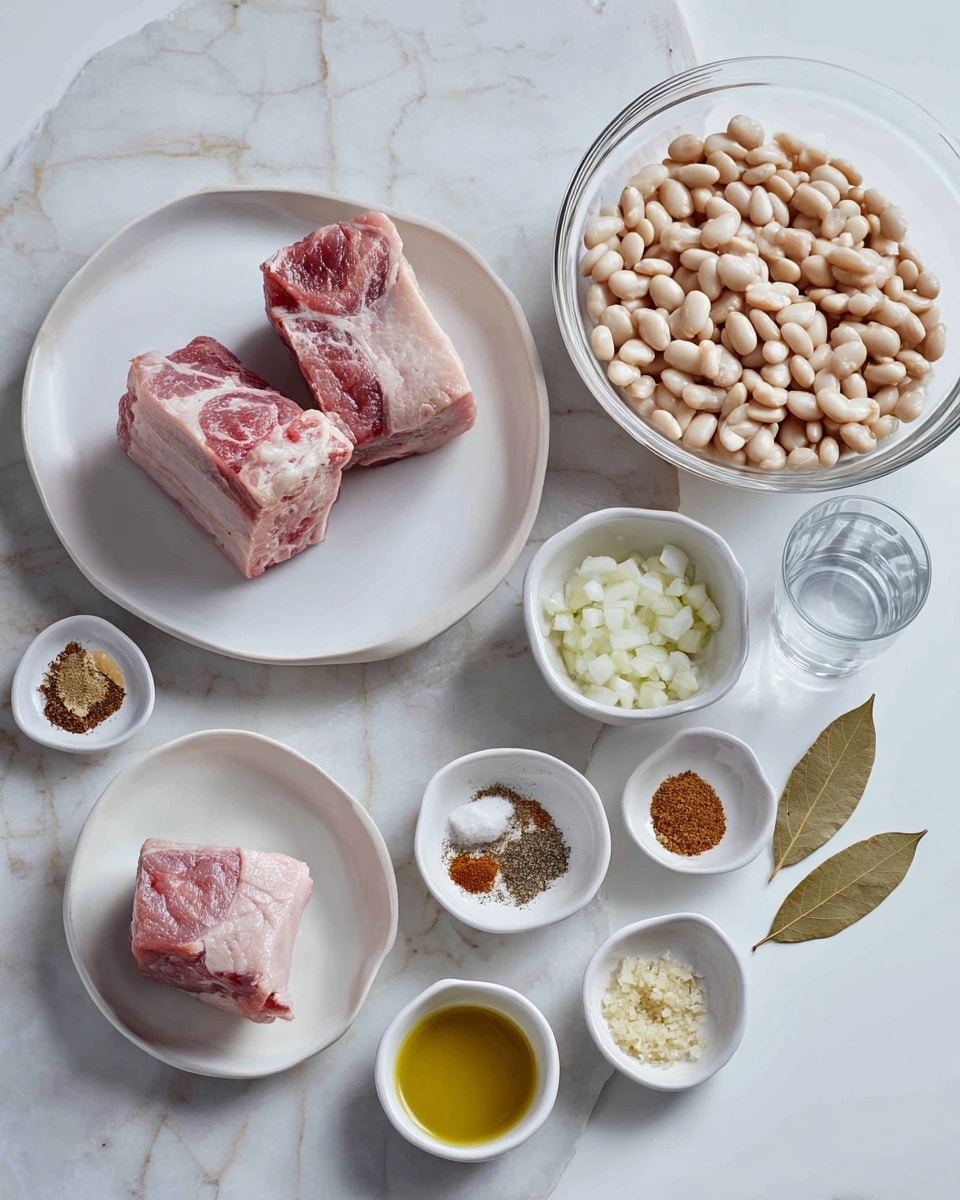 A top view of various ingredients arranged on a white marbled surface. In the center, there is a white oval dish holding two bones with some meat attached, showing a reddish-pink color and white fat. To the right is a clear glass bowl filled with white beans. Below the bones, a small white round plate carries a piece of light pink meat. Around these main items are small bowls: one with chopped white onion, one with chopped garlic, and one with a mix of brown spices. There is also a small white bowl with salt and pepper, a small clear bowl of olive oil, two brown bay leaves, and a clear glass of water. The whole setup is bright and clean. photo taken with an iphone --ar 4:5 --v 7
