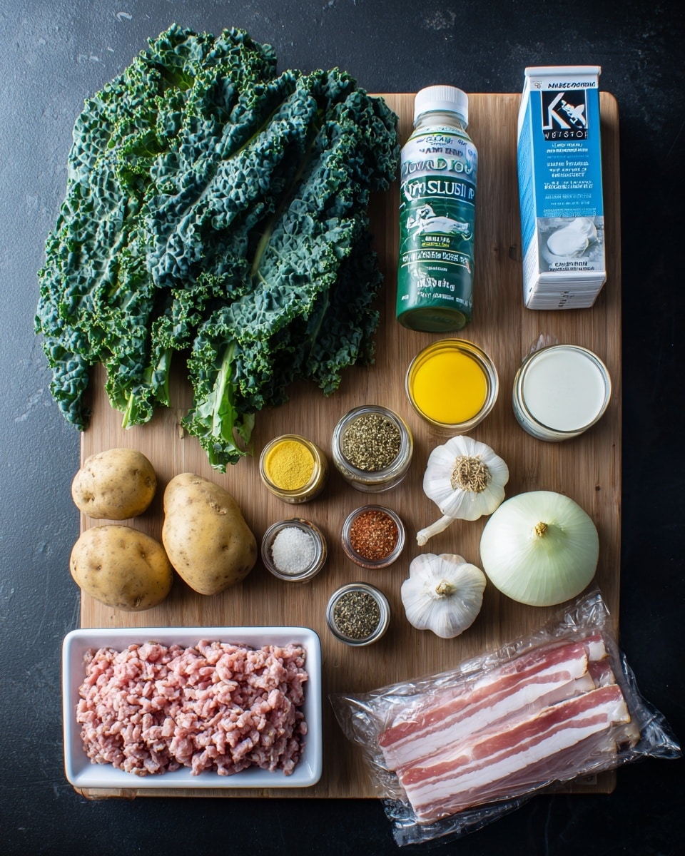 The image shows a top view of cooking ingredients arranged neatly on a wooden board placed on a dark shiny surface. On the left side, there is a large bunch of fresh dark green kale leaves, next to a tube of green basil paste, a tall blue and white carton of heavy whipping cream, and a small glass jar of yellow seasoning. Below these, there are two medium-sized brown potatoes and a white plastic tray with mild ground sausage in pink and white colors. Near the center are three small spice jars with Italian seasoning, crushed red pepper, and grated Parmesan cheese. To the right side, there is a garlic bulb, a whole yellow onion, and a white carton of chicken broth. Finally, at the bottom right corner, there is a clear plastic package of center cut bacon showing layers of pink meat and white fat. The entire setup is on a dark reflective counter. Photo taken with an iphone --ar 4:5 --v 7