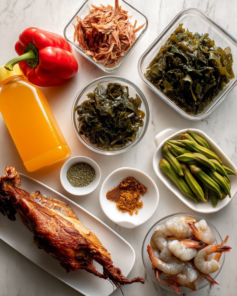 The image shows various fresh cooking ingredients placed on a white marbled surface. From top left, there is a red bell pepper, followed by a clear bowl with shredded brown smoked fish. Next to it is a square clear bowl with wilted dark green leafy vegetables in oil. Below these, a white rectangular plate holds a large smoked turkey leg and a half white onion. Nearby, there is a small white bowl with green seasoning powder and another small white bowl with dried brown shrimp flakes. To the right of these is a clear round bowl filled with fresh green okra pods. Finally, at the bottom right, a white round bowl contains several uncooked shrimp with their shells on. On the left bottom corner sits a tall clear plastic bottle filled with orange palm oil. The setup is clean and organized, with a well-lit look and a modern feel, photo taken with an iphone --ar 4:5 --v 7