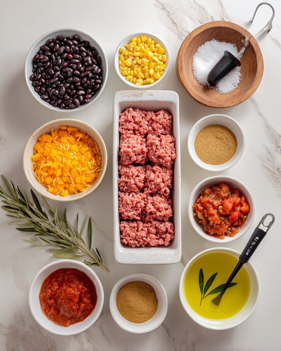 The image shows 11 small white bowls arranged on a white marbled surface, each filled with different ingredients for cooking. In the center is a rectangular container lined with parchment paper holding raw pink ground meat in neat rows. Surrounding it are bowls containing diced orange cheese cubes, yellow corn kernels, cooked dark red beans, cooked black beans, diced red tomatoes in juice, reddish chunky salsa, golden broth, reddish-brown chili powder, light brown powder spice, light yellow powder spice, and bright yellow cooking oil with a green olive branch design in the bowl. A wooden bowl with salt and a black measuring spoon is placed near the top right. The scene is bright and clean. photo taken with an iphone --ar 4:5 --v 7