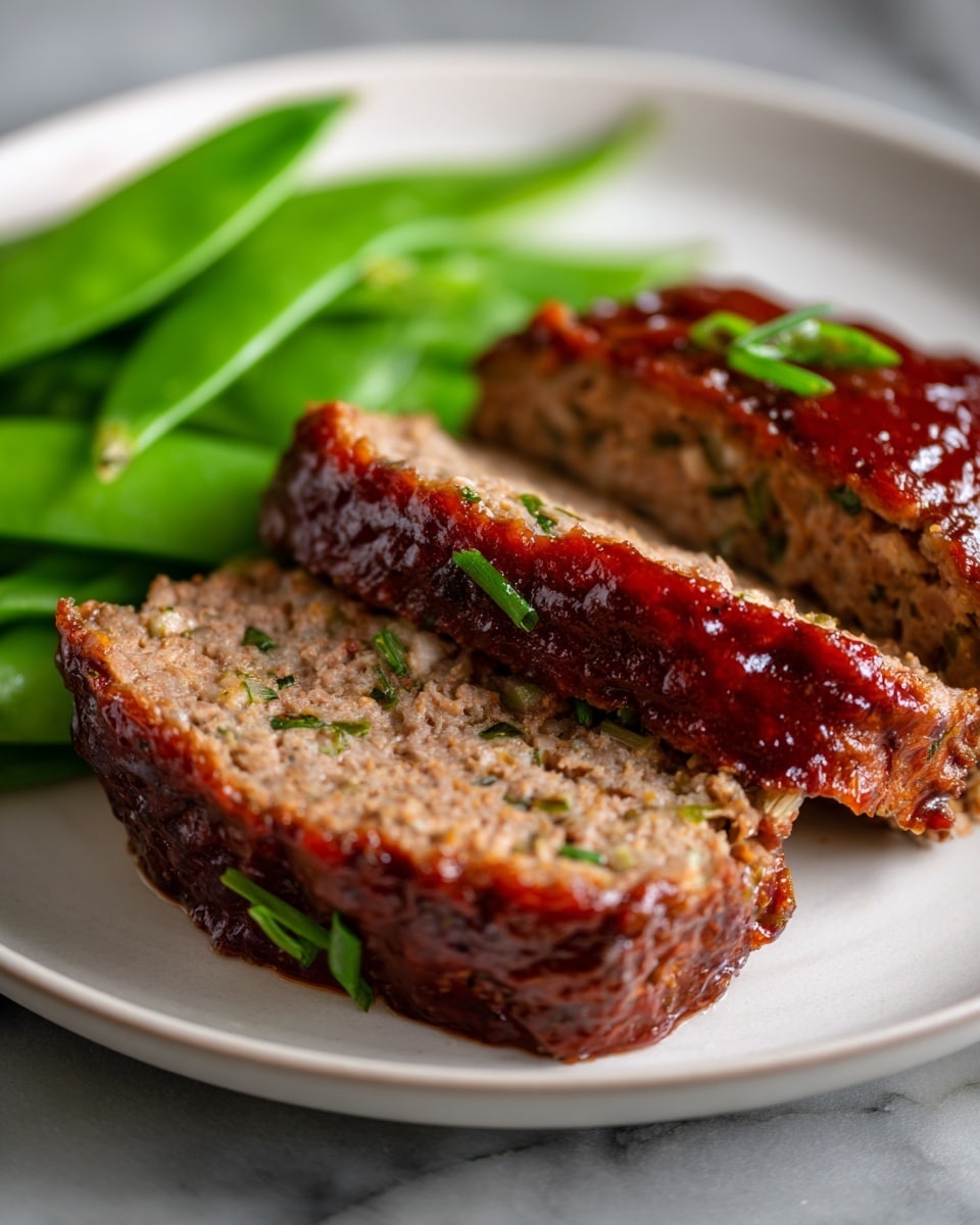 Two thick slices of meatloaf with a reddish-brown sauce glaze on top lie stacked on a white plate. Behind the meatloaf, there are bright green snow peas resting on the plate. The plate is set on a white marbled surface. Photo taken with an iphone --ar 4:5 --v 7