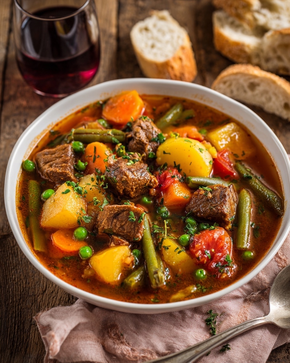 A white bowl filled with a colorful vegetable and meat stew sits on a wooden table beside pieces of torn bread, a glass of red wine, and a silver spoon resting on a pale pink cloth. The stew has a rich brown broth base layered with chunks of brown cooked meat, yellow potato cubes, orange carrot slices, green peas, green beans, red tomato pieces, and bits of translucent onion, all topped with chopped green herbs for freshness. The vegetables and meat are mixed evenly throughout the liquid, creating a hearty and vibrant dish. Photo taken with an iphone --ar 4:5 --v 7