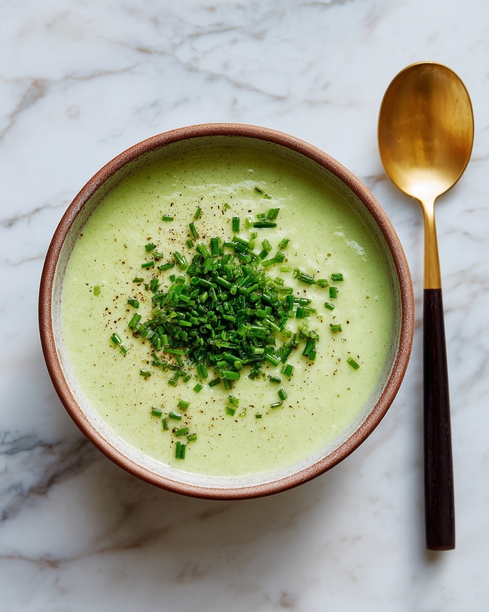 A bowl of smooth, light green soup fills the center, topped with a small pile of finely chopped dark green chives. The bowl itself is round with a soft brown rim and sits on a white marbled surface. To the right of the bowl is a gold-colored spoon with a long dark handle placed flat on the surface. The soup’s texture looks creamy and even, with no chunks or swirls. photo taken with an iphone --ar 4:5 --v 7