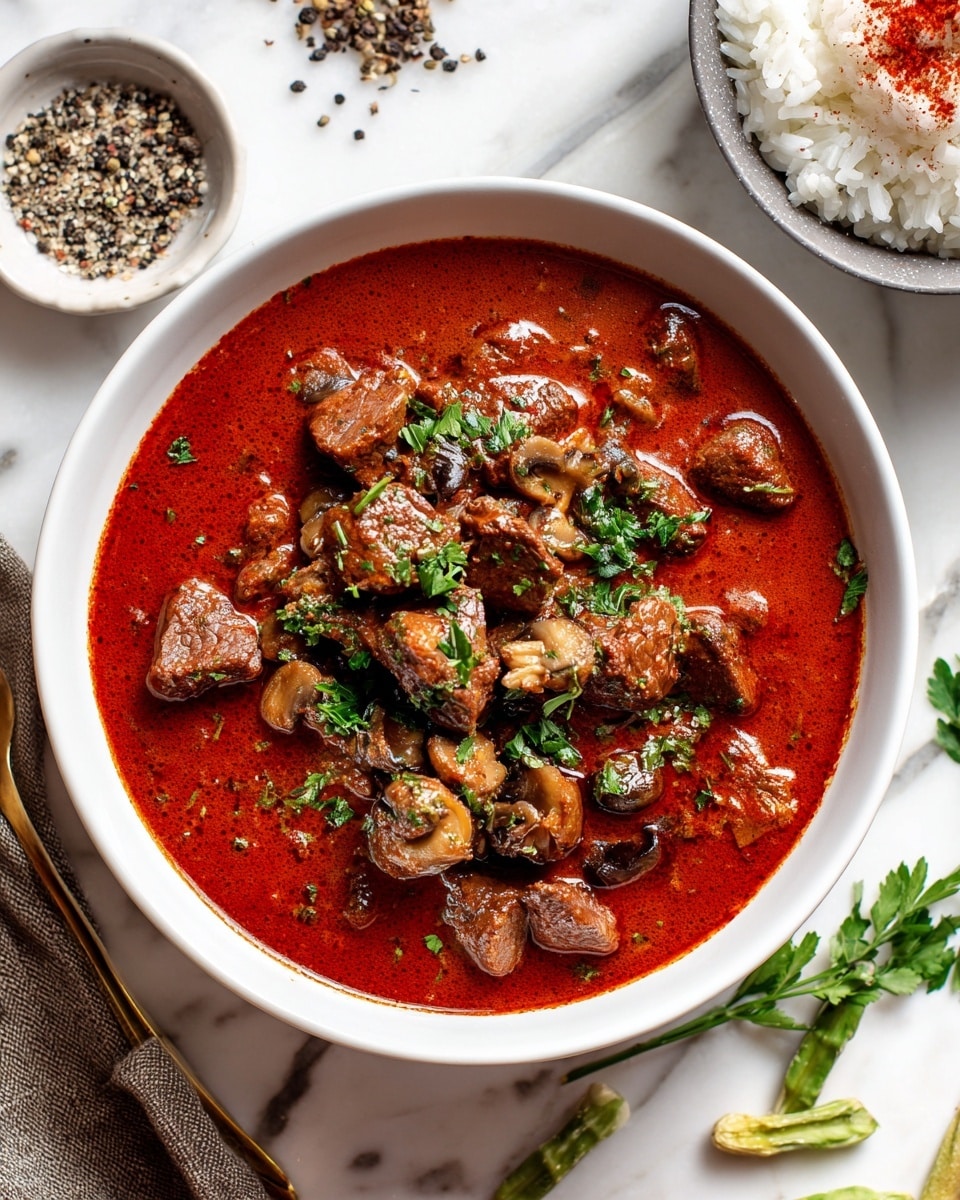 The image shows a white bowl filled with a rich red stew topped with chunks of brown meat and small pieces of mushrooms, brightened with a few green parsley leaves scattered on top. The stew has a smooth, shiny texture with a deep red color, and the meat pieces vary in size and look tender. The bowl sits on a white marbled surface and is surrounded by a small white dish with black pepper, a gray bowl with white rice and a reddish topping, and some green tassel vegetables in the corner. photo taken with an iphone --ar 4:5 --v 7