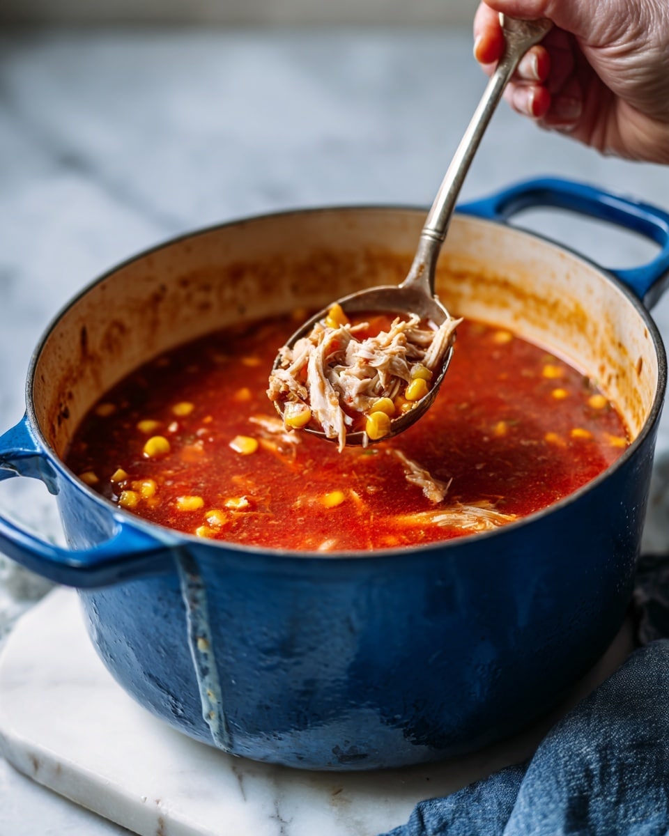 A blue pot filled with thick red soup sits on a white marbled surface, the soup showing pieces of shredded light brown chicken, yellow corn kernels, and small grains mixed in a rich tomato base. A silver ladle scoops some soup, including chicken and corn, from the pot, with part of a woman's hand holding the ladle. The pot’s inside edges show some sauce stains, and a blue cloth is partly visible to the right along with a white tray underneath the pot. photo taken with an iphone --ar 4:5 --v 7